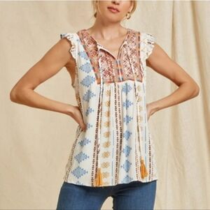savanna jane embroidered aztec flutter sleeve bohemian blouse womens size L